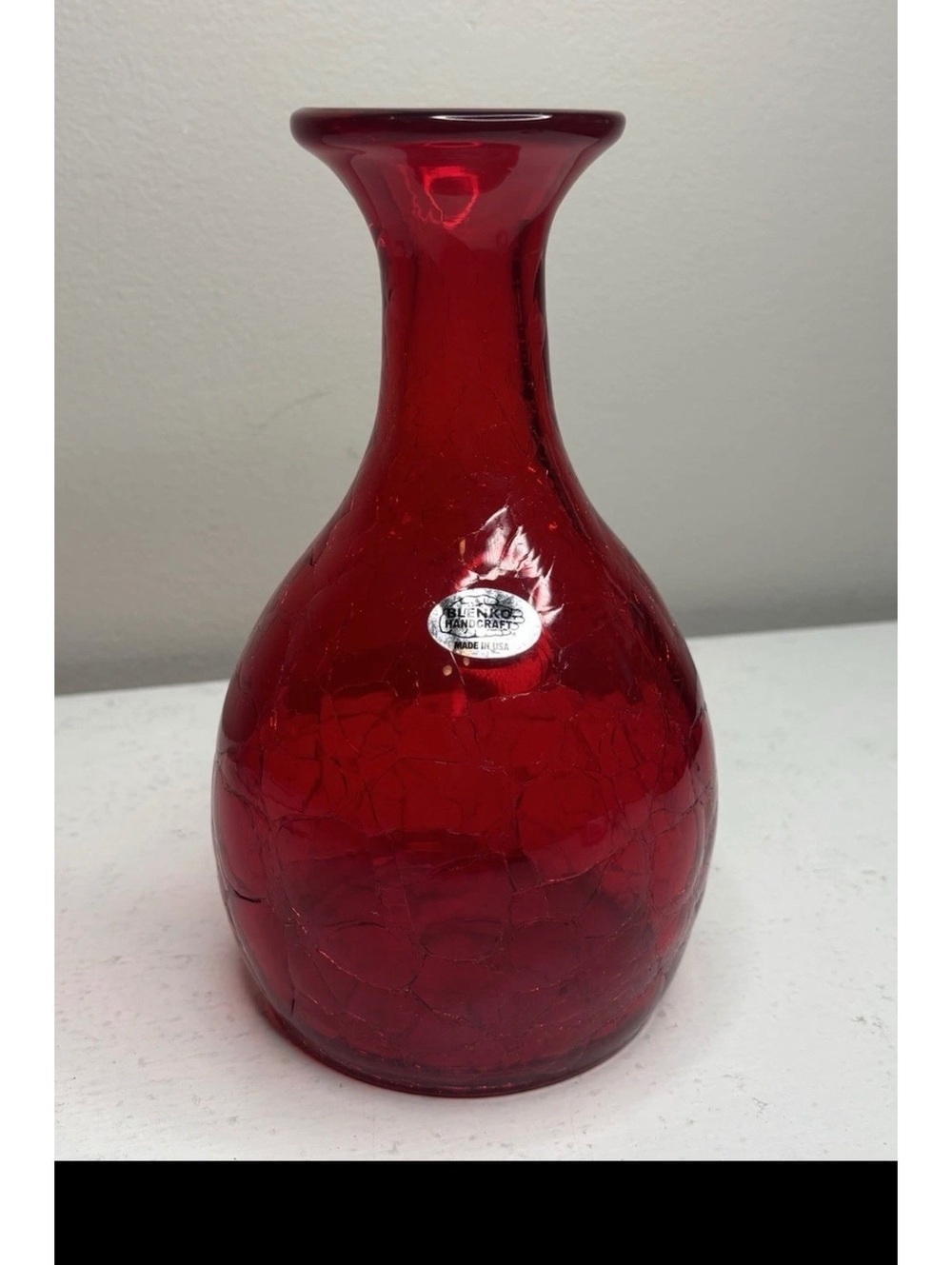 Blenko Ruby Red Crackle 9 in Tall Glass Vase